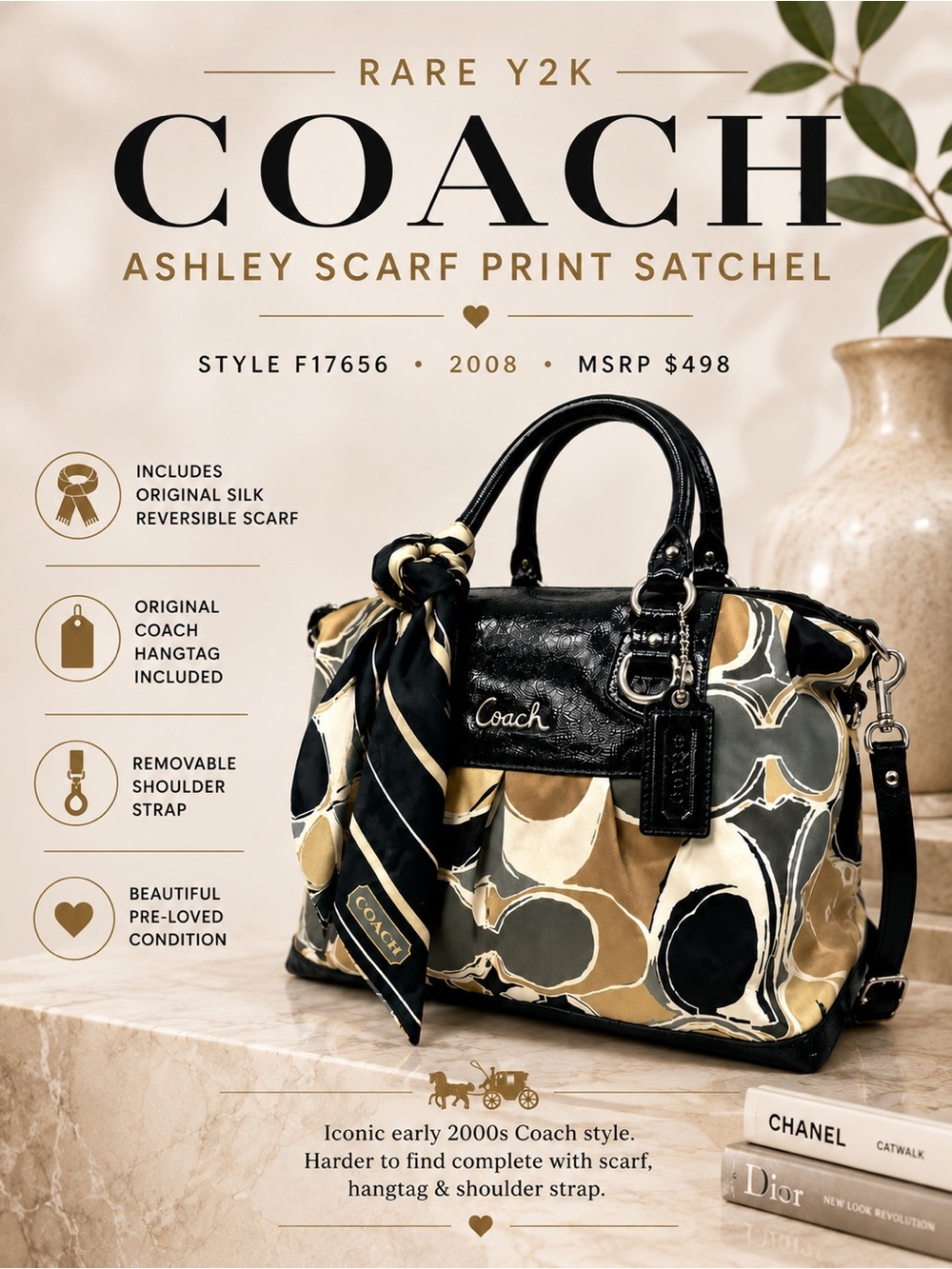 Rare Y2K Coach Ashley Scarf Print Satchel Complete Set w Scarf, Hangtag & strap